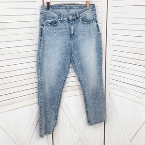 Soho Pearl Embellished Pockets Stone Washed High Waist Crop Jeans Blue 10